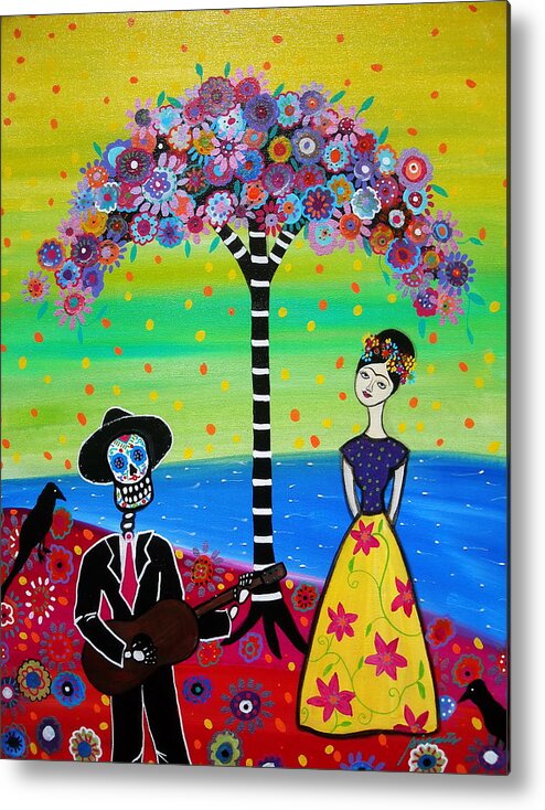 Day Of The Dead Metal Print featuring the painting Serenading Frida #1 by Pristine Cartera Turkus