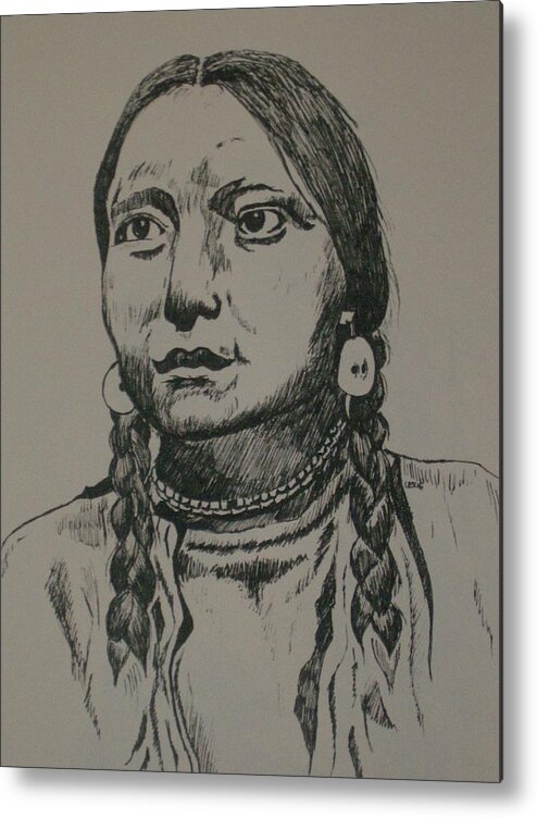 Native American Indian Metal Print featuring the drawing Shy Anne #1 by Leslie Manley