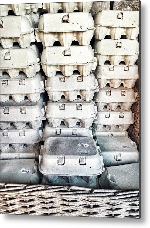 Egg Boxes Metal Print featuring the photograph Stacked egg boxes #1 by Tom Gowanlock