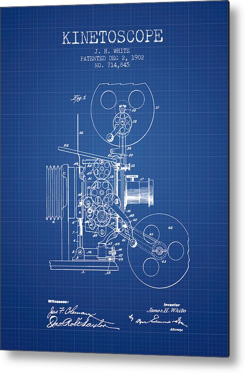 Camera Metal Print featuring the digital art 1902 Kinetoscope Patent - Blueprint by Aged Pixel