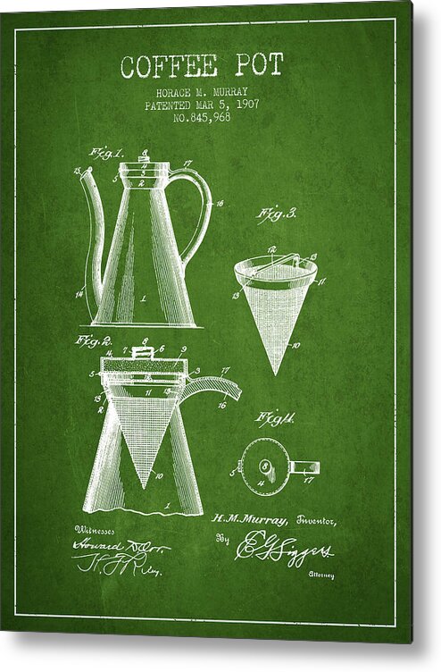 Coffee Metal Print featuring the digital art 1907 Coffee Pot patent - green by Aged Pixel