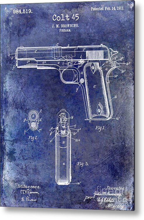 Pistol Metal Print featuring the photograph 1911 Colt 45 Firearm Patent by Jon Neidert