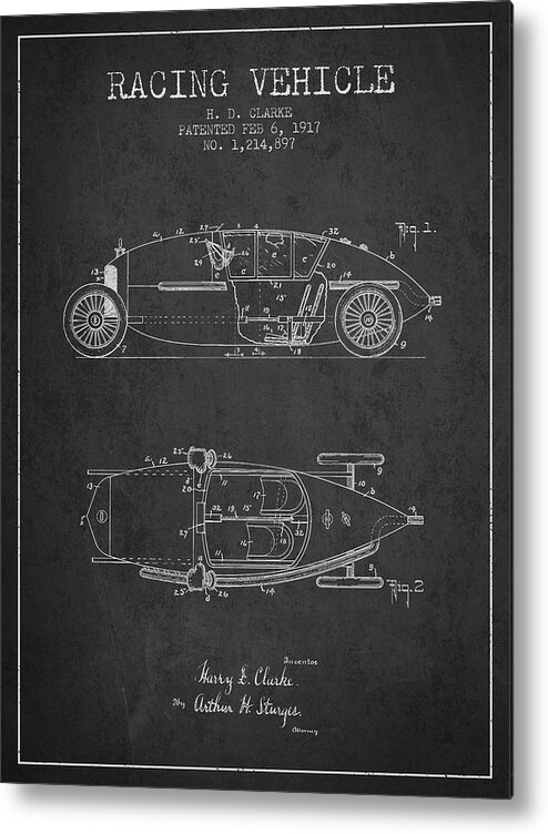 Racing Metal Print featuring the digital art 1917 Racing Vehicle Patent - Charcoal by Aged Pixel