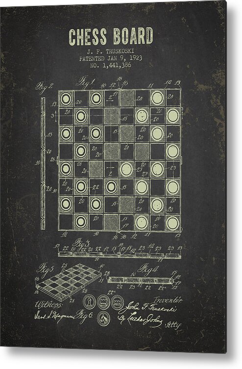 Patent Metal Print featuring the digital art 1923 Chess Board Patent - Dark Grunge by Aged Pixel
