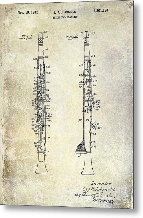 Clarinet Metal Print featuring the photograph 1942 Electric Clarinet Patent #3 by Jon Neidert