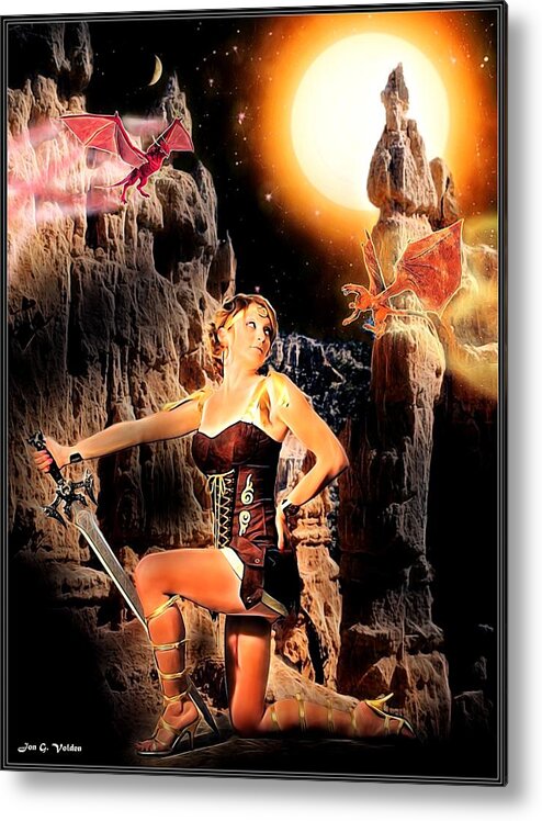 Fantasy Metal Print featuring the painting A Warrior and 2 fairy Dragons by Jon Volden
