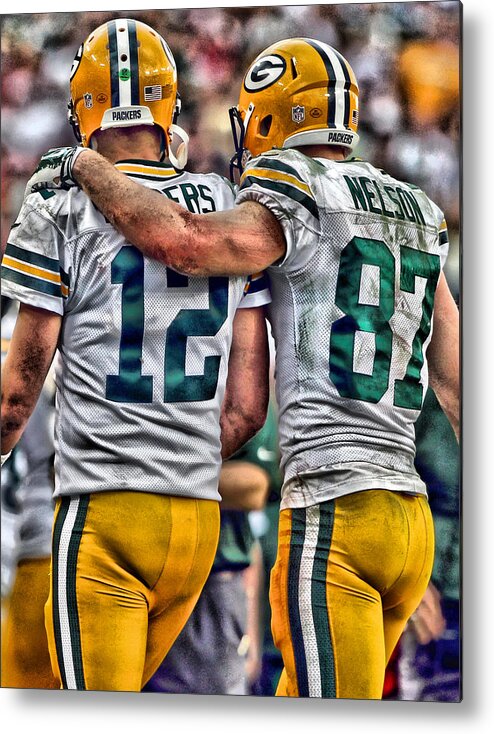 Aaron Rodgers Metal Print featuring the painting Aaron Rodgers Jordy Nelson Green Bay Packers Art by Joe Hamilton