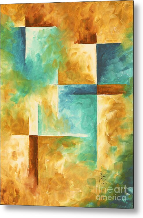 Aqua Metal Print featuring the painting Abstract Teal Golden Rust Minimalist Contemporary PoP Art Painting Aqua Maze I by MADART by Megan Aroon