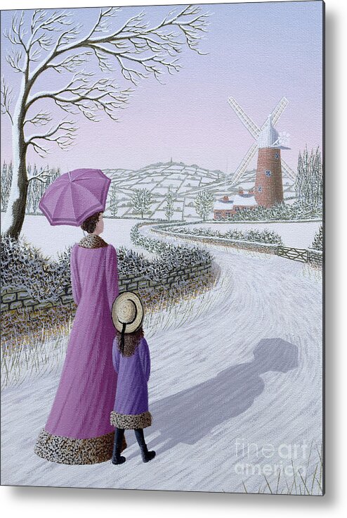 Naive; Landscape; Windmill; Shadow; Umbrella; Parasol Metal Print featuring the painting Almost Home by Peter Szumowski