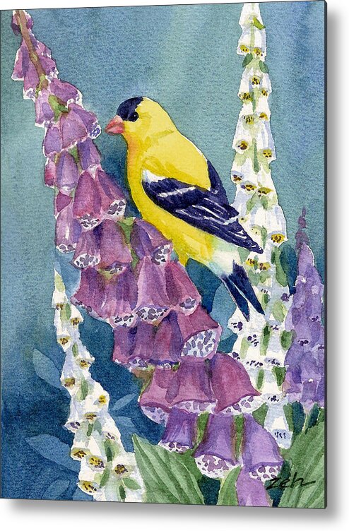 Goldfinch Metal Print featuring the painting American Goldfinch and Foxgloves by Janet Zeh