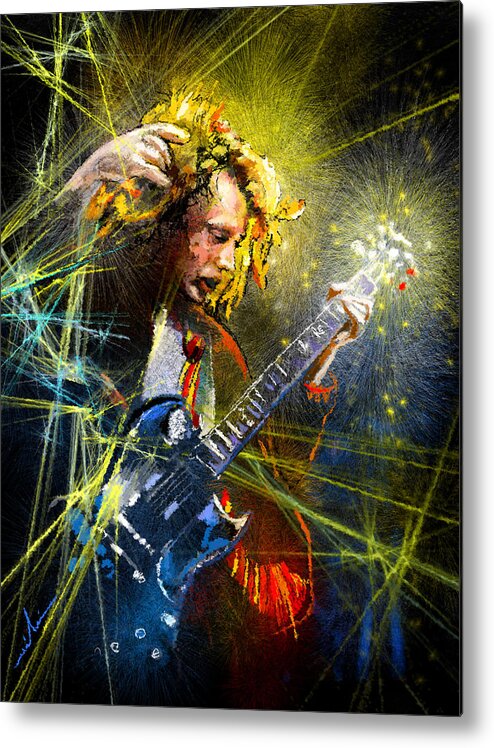 Music Metal Print featuring the painting Angus Young by Miki De Goodaboom