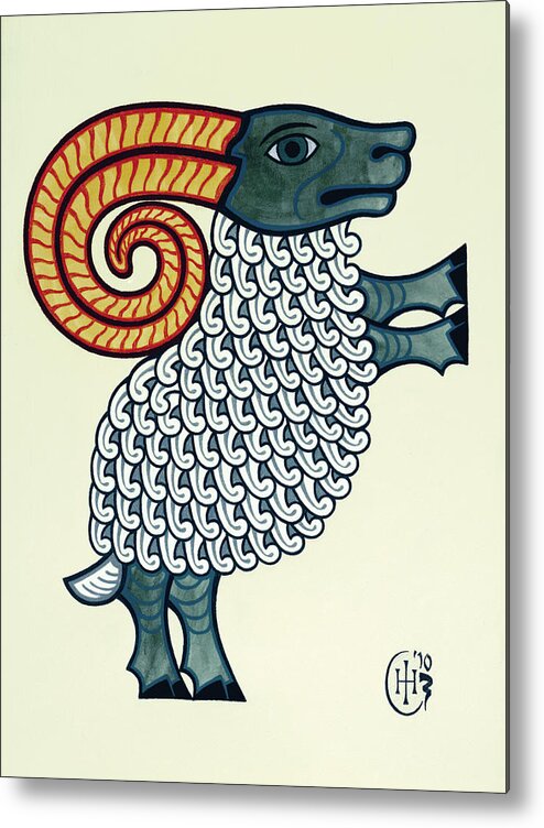 Celtic Zodiac Aries Ram Spiral Metal Print featuring the painting Aries by Ian Herriott