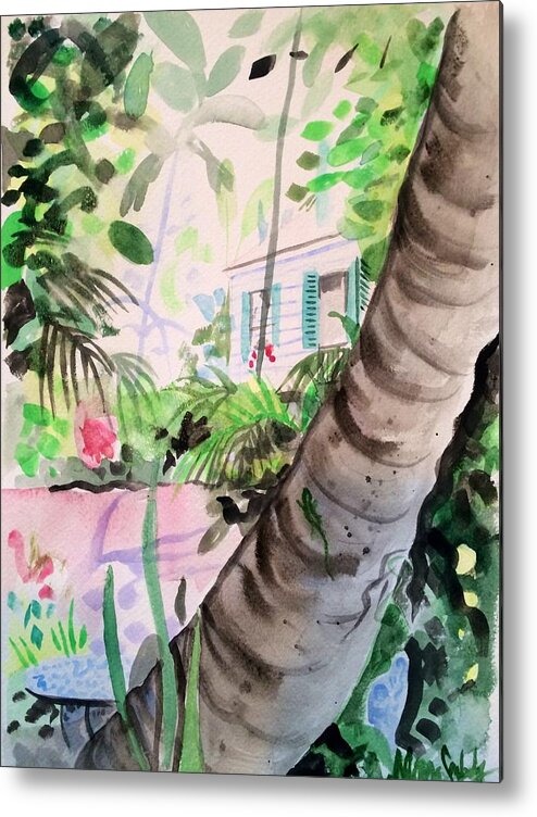 Key West Florida Keye Tropical Garden Palm Trees Flowers Audubon's Home Key West Pleinair Metal Print featuring the painting Audubon's Garden Key West by Maggii Sarfaty