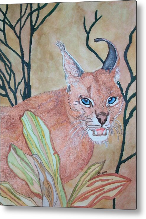 Caracal Golden Cat Metal Print featuring the painting Awaiting Your Mistake by Connie Valasco