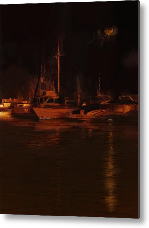 Balboa Island Newport Bay Night Metal Print featuring the painting Balboa Island Newport Bay Night by Angela Stanton