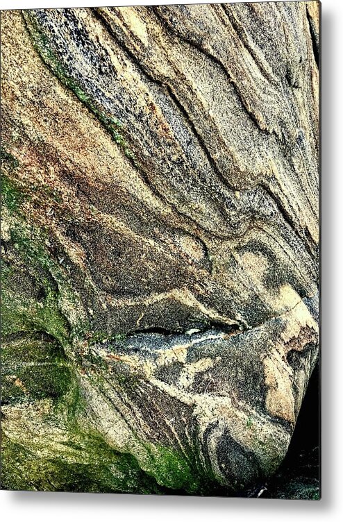 Boulder Rock Abstract Features Images Worn Crevices By The Bay Moss Minerals Nature Life Imagination Still Life Landscape Rock Formation Stone Marsh Metal Print featuring the photograph Bay Boulder by Alida M Haslett