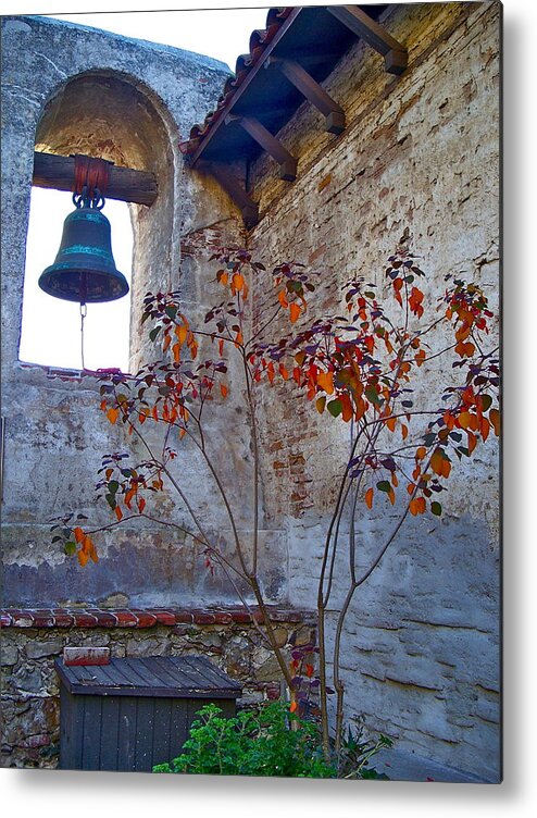 Mission Metal Print featuring the photograph Bell Wall and eastern wall of Serra Chapel in Sacred Garden Mission San Juan Capistrano California by Karon Melillo DeVega
