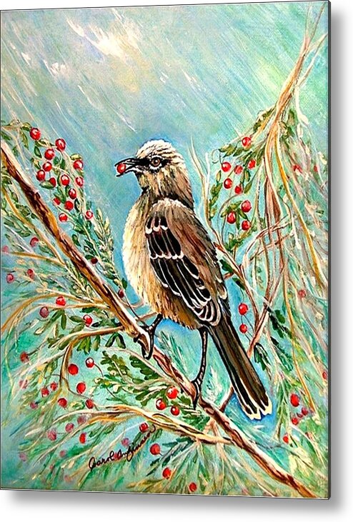 Mocking Bird Metal Print featuring the painting Berry picking time by Carol Allen Anfinsen