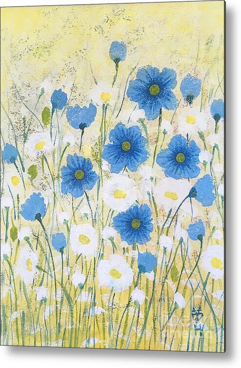Flower Metal Print featuring the painting Blue and white by Wonju Hulse