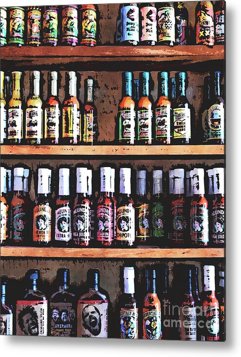 Hot Sauce Metal Print featuring the digital art Bottles of Hot Sauce by Phil Perkins
