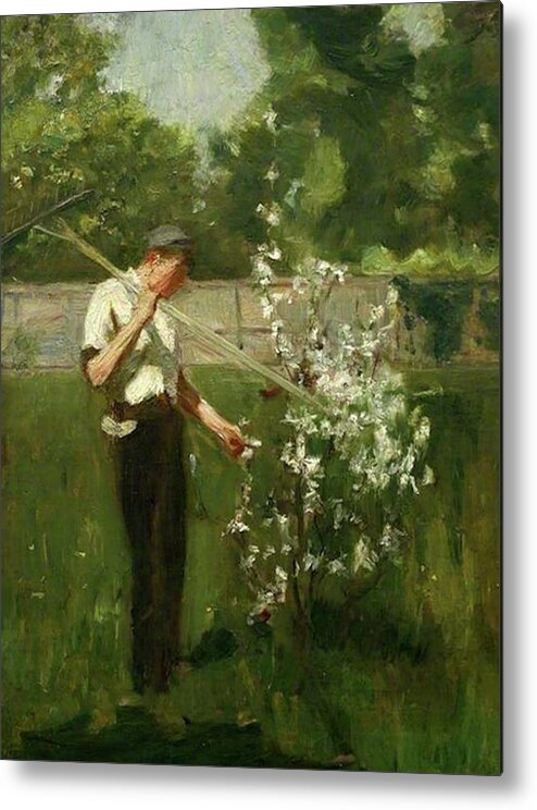 Boy Metal Print featuring the painting Boy with a Grass Rake by Henry Scott Tuke