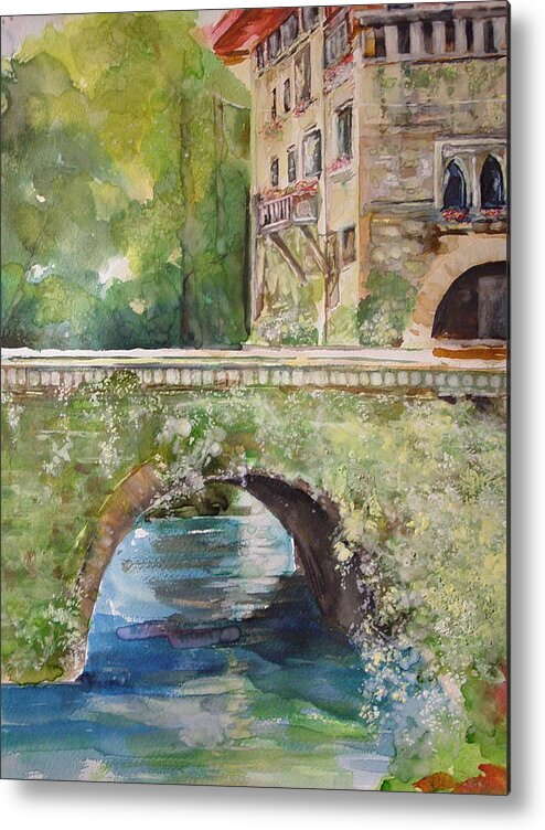 Rock Building Metal Print featuring the painting Bridge in Spain by Robin Miller-Bookhout