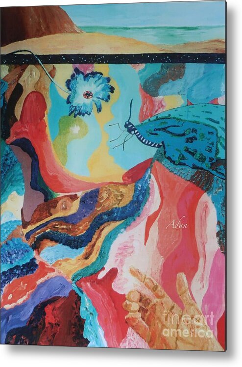 Original Oils Metal Print featuring the painting Butterfly and Hand Surreal Abstract Vertical by Felipe Adan Lerma