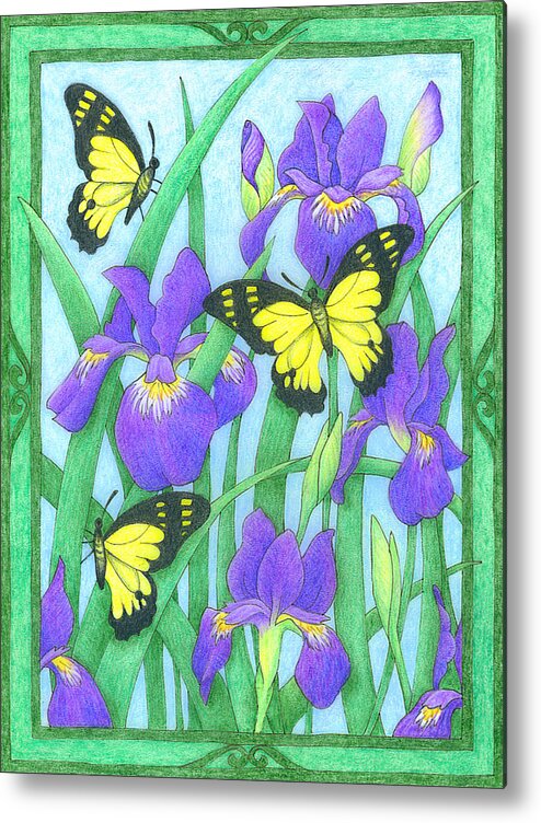 Nature Metal Print featuring the drawing Butterfly Idyll-Irises by Alison Stein