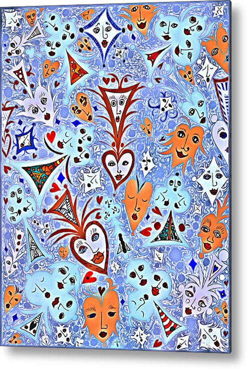 Lise Winne Metal Print featuring the digital art Card Game Symbols with Faces in Blue by Lise Winne