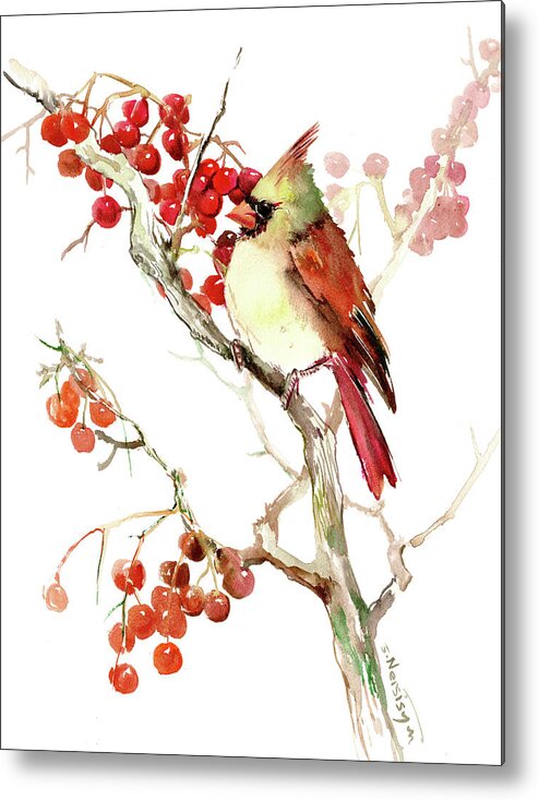 Cardinal Metal Print featuring the painting Cardinal Bird and Berries by Suren Nersisyan
