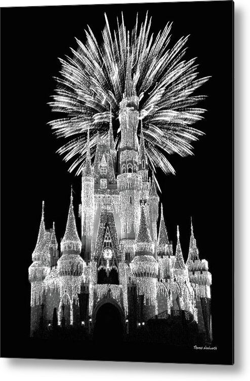 Black And White Metal Print featuring the photograph Castle With Fireworks in Black and White Walt Disney World MP by Thomas Woolworth