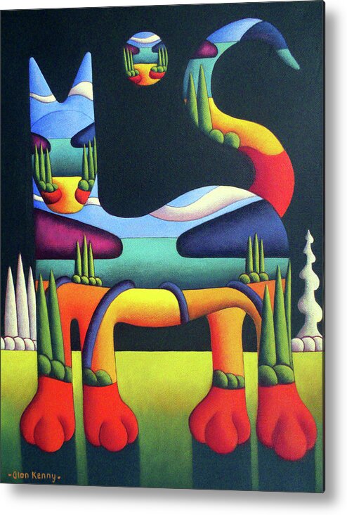 Cat Metal Print featuring the painting Cat in landscape in cat with white trees by Alan Kenny