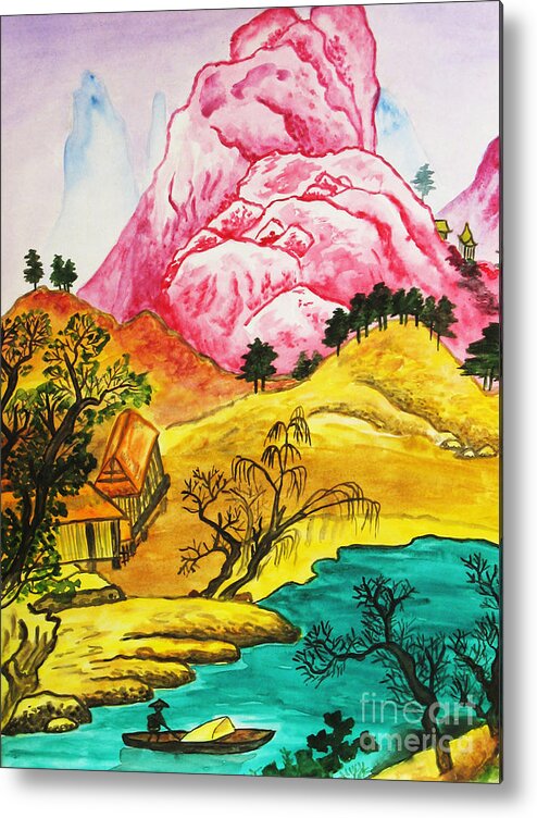 Hand Drawn Metal Print featuring the painting Chinese landscape by Irina Afonskaya