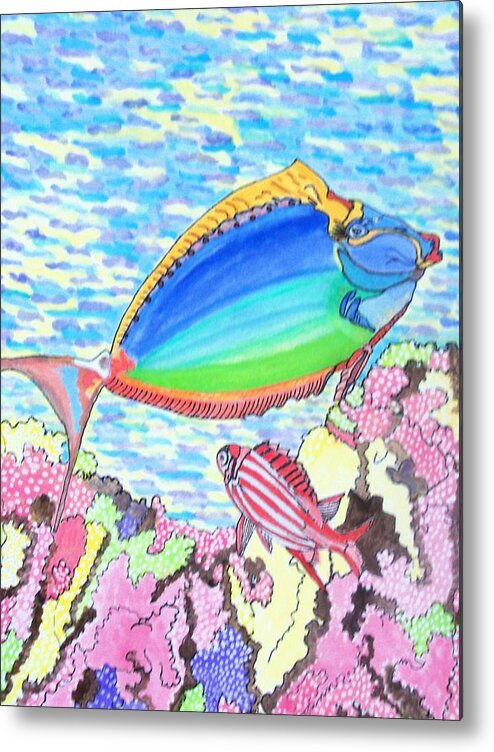Tropical Fish Metal Print featuring the painting Coral reef by Connie Valasco