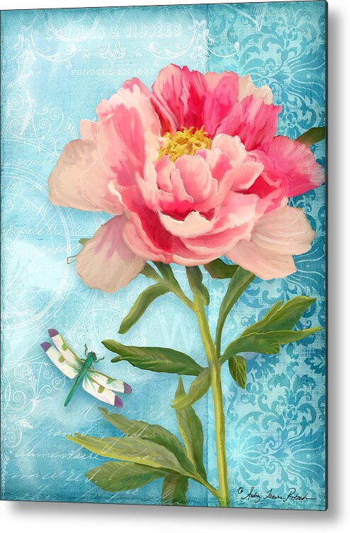 Pink Peony Metal Print featuring the painting Cottage Garden Pink Peony w Dragonfly by Audrey Jeanne Roberts