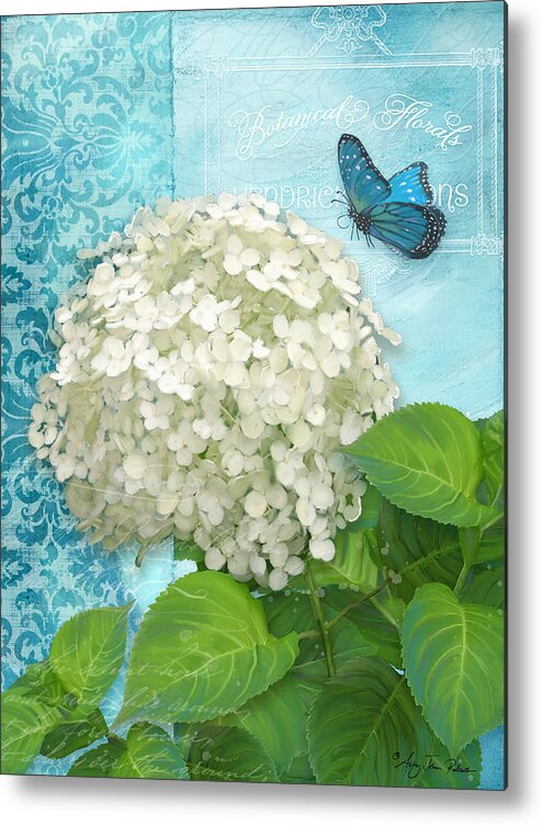 White Hydrangea Metal Print featuring the painting Cottage Garden White Hydrangea with Blue Butterfly by Audrey Jeanne Roberts