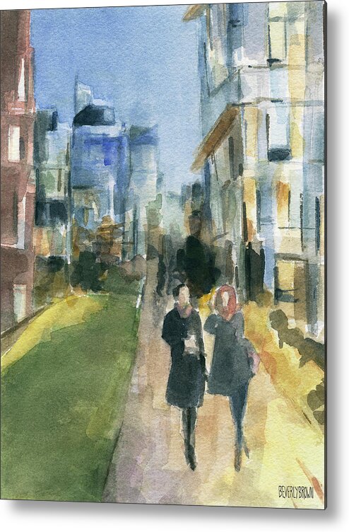 New York Metal Print featuring the painting Couple Walking on the New York High Line by Beverly Brown