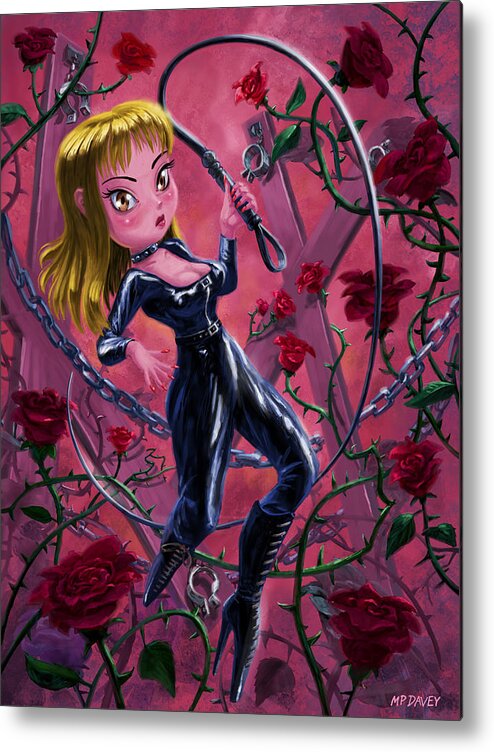 Woman Metal Print featuring the digital art Cute Mistress with Whip and Roses by Martin Davey