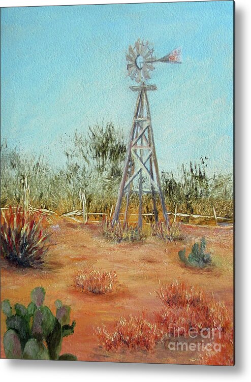 Landscape Metal Print featuring the painting Desert Windmill by Roseann Gilmore