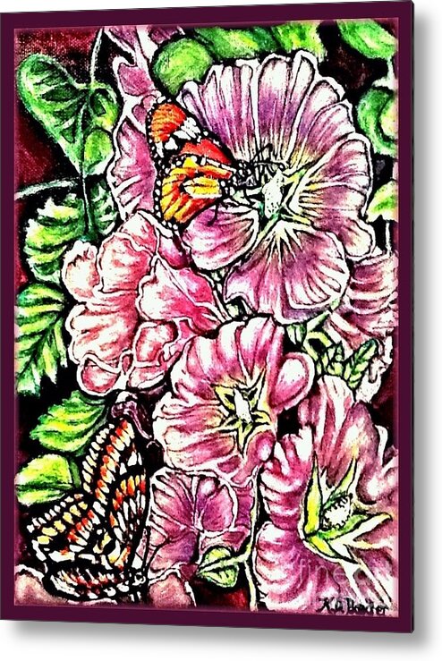 Nature Scene Spiritual Symbolism And Message Hollyhocks Pink Purple Deep Purple Eggplant Merlot Light Green Orange Yellow White Black Butterflies Beneficial Insects Pollinators Star Of Bethlehem In Its Flowerhead Five Pointed Star Dynamic Still Life Canvas Painting Metal Print featuring the painting Discovering the Star of Bethlehem in a Flower by Kimberlee Baxter