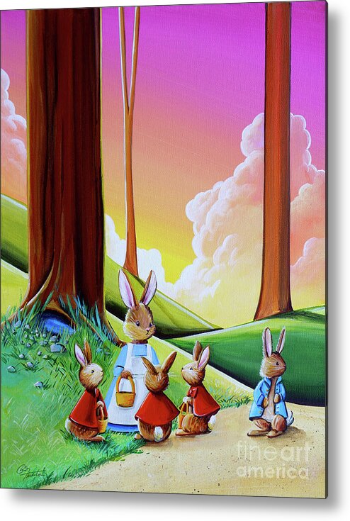 Peter Rabbit Metal Print featuring the painting Don't Go Into Mr McGregors Garden by Cindy Thornton
