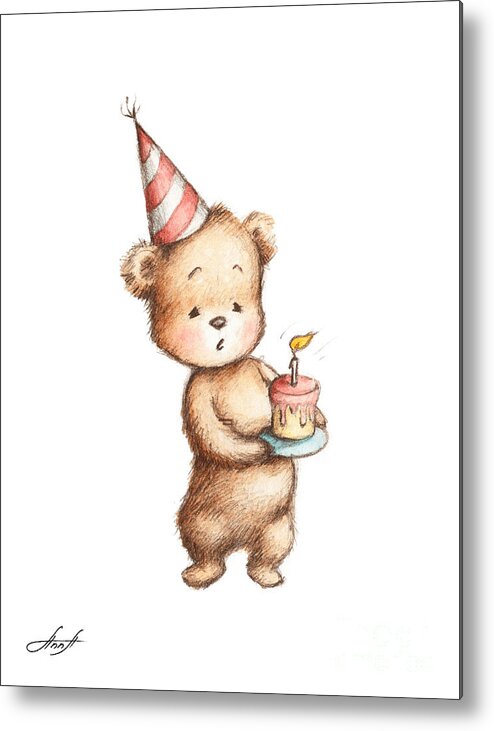 Birthday Metal Print featuring the painting Drawing of Teddy Bear with Birthday Cake by Anna Abramskaya