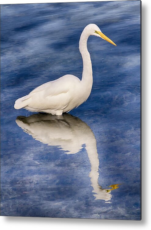 Nature Metal Print featuring the photograph Egret Reflection on Blue by Bob Slitzan