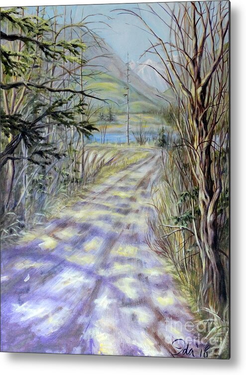 Estuary Sky Water Trees Bushes Branches Evergreens Mountains Road Path Landscape River Grasses Yellow Brown Green Blue White Purple Orange Sunlight Shade Shadows Metal Print featuring the painting End Of Winter by Ida Eriksen
