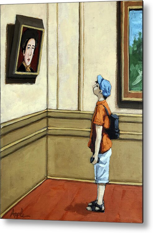 Children Metal Print featuring the painting Face to Face - boy viewing art by Linda Apple