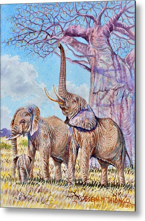 Africa Metal Print featuring the painting Feeding Elephants by Joseph Thiongo