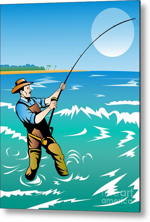 Fisherman Metal Print featuring the digital art Fisherman surf casting by Aloysius Patrimonio
