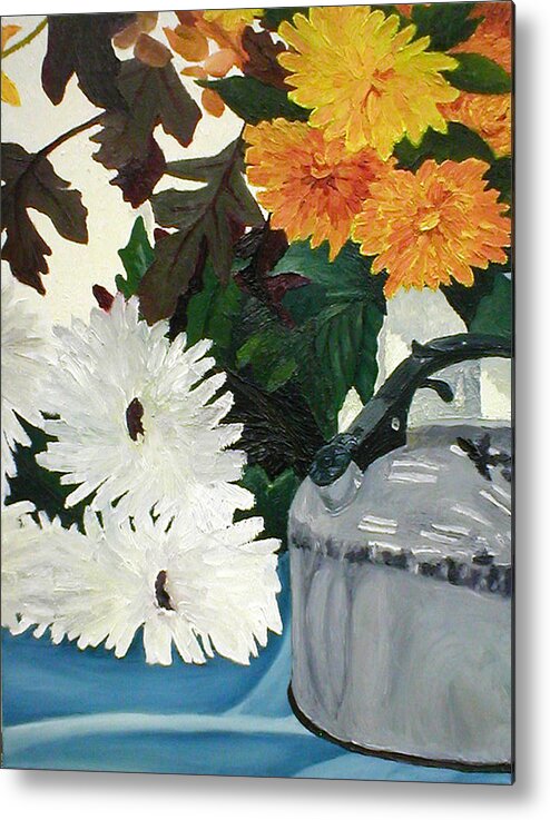 Flowers Metal Print featuring the painting Flower Still Life With Kettle by Beth Parrish