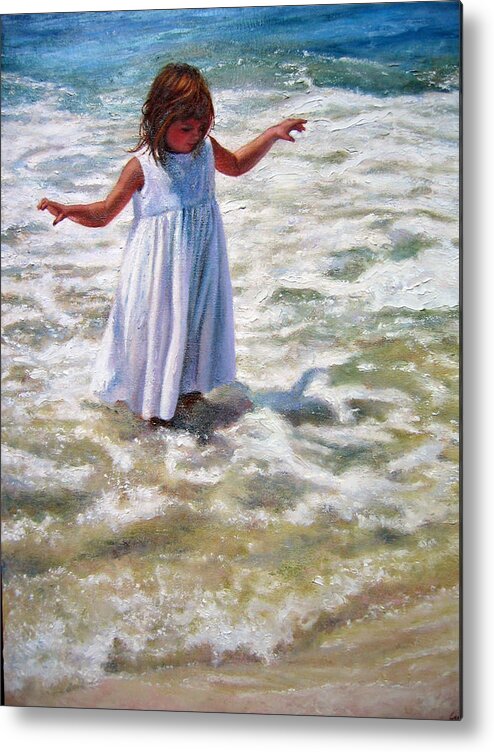 Children At Beach Metal Print featuring the painting Flying in the Surf by Marie Witte