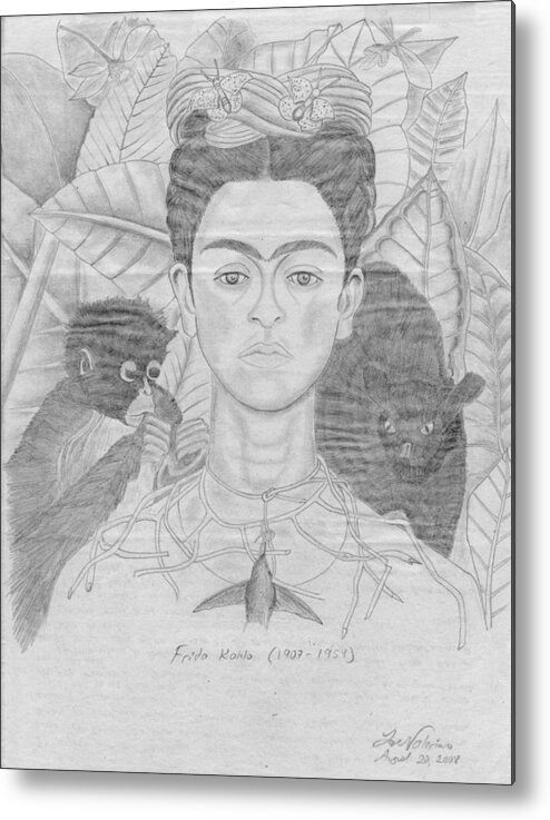Graphite Metal Print featuring the drawing Frida Khalo by Martin Valeriano